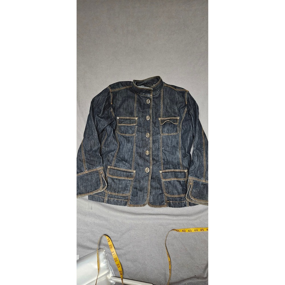 Chicos Denim Dark Wash Utility Jacket Size 2 Turn Lock Button Stand Collar Blue